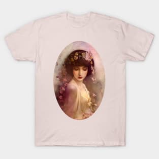 Vintage Style Portrait of Beautiful Woman with Flowers T-Shirt